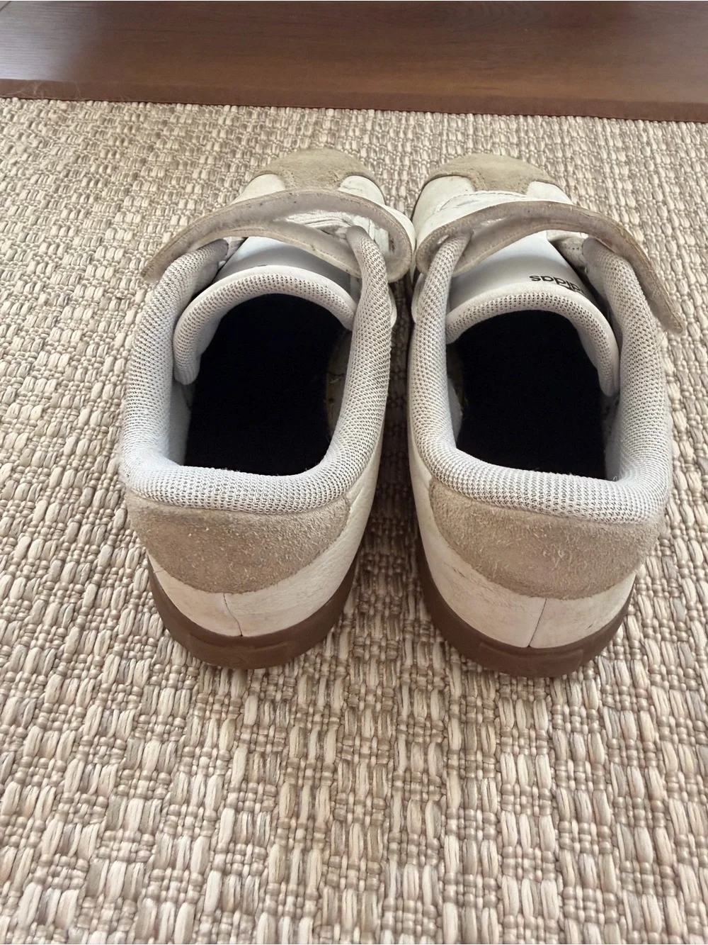 adidas Kids Cream Sneakers with Black Stripes and Brown Soles